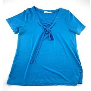 Nuoxi Shirt Womens Large Blue Short Sleeve Pullover Front Tie Casual Minimalist